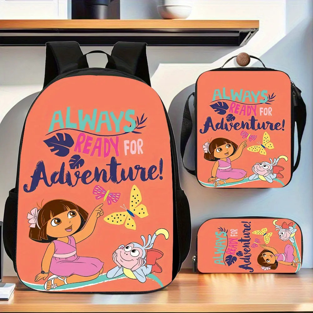 Retro Unisex 3pcs Wheelless Dora Backpack Set - Polyester, Chic Athletic Design, Multi-Function Organizer, Adjustable Straps, Double Zippers, Crossbody/Shoulder Bag, Lunch Bag, Pencil Case, Hand Wash Only, Ideal for Back to School, No Wheels
