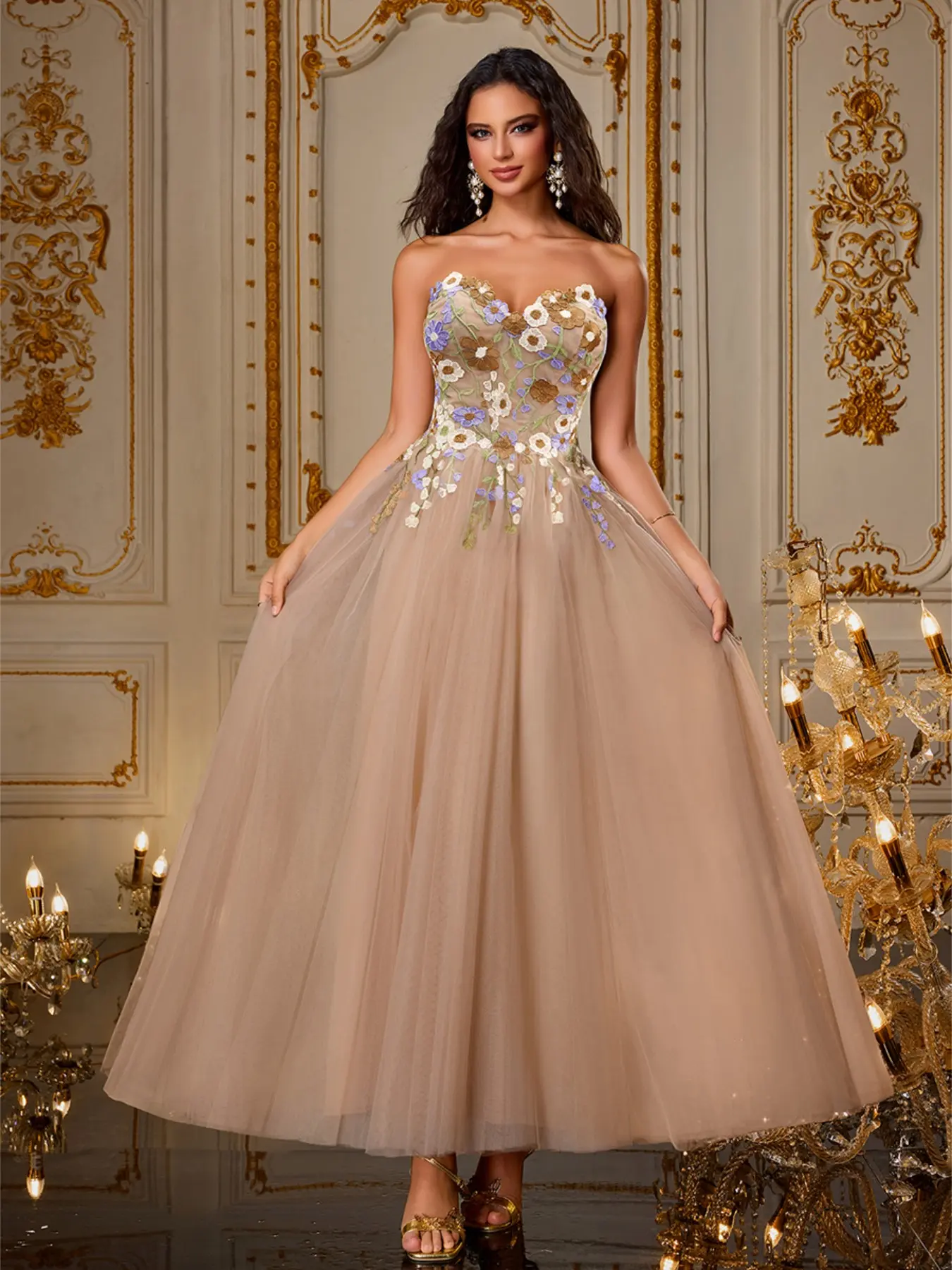 Elegant Strapless Floral Applique Chiffon Long Ball Gown, Dreamy Sweetheart Princess Style, Party Dress, Formal Event, Wedding Guest Dress, Formal Evening Dresses