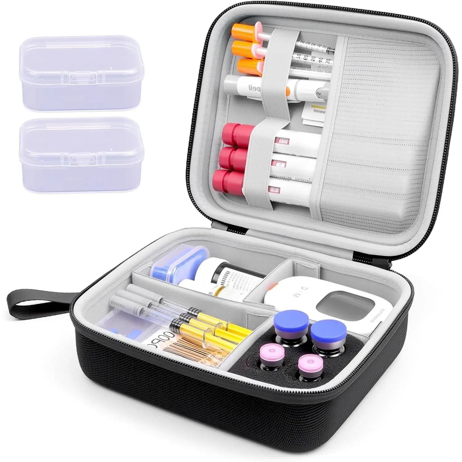 Portable Diabetes Travel Case Organizer for Diabetic Supplies with Adjustable Dividers - Fits Glucose Meter, Test Strips, Insulin Pens, Vials, Syringes & Lancing Device (Black)Gift