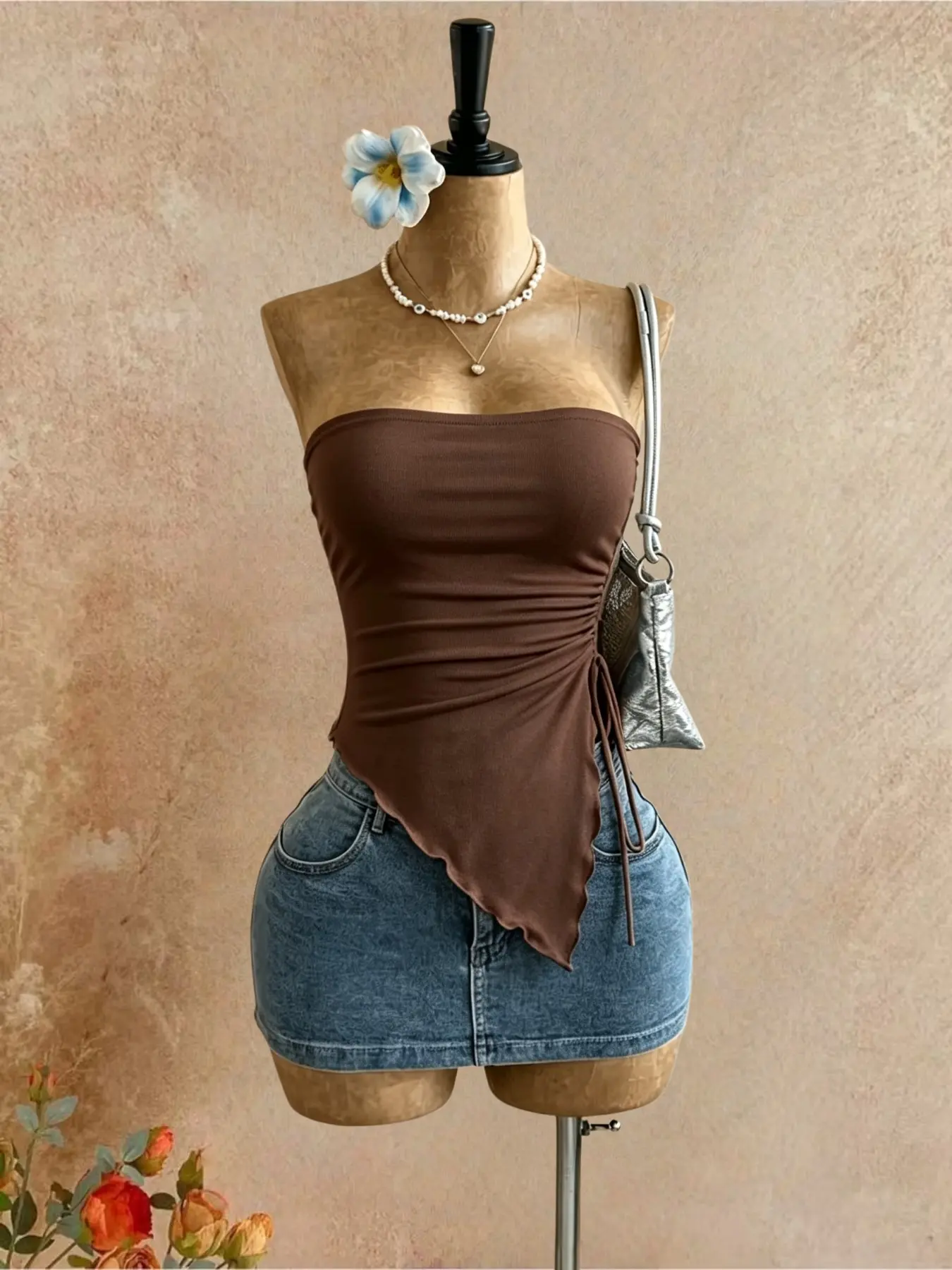 Casual Solid Color Strapless Crop Top, Side Tie Waist Ruched Asymmetrical Hem, Fashion Chic Off-Shoulder Sleeveless Vest for Daily Wear