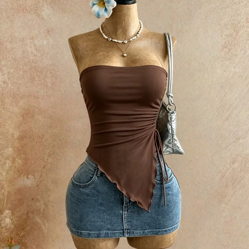 Casual Solid Color Strapless Crop Top, Adjustable Side Tie Waist Ruched Asymmetrical Hem, Fashion Chic Off-Shoulder Sleeveless Vest for Daily Wear