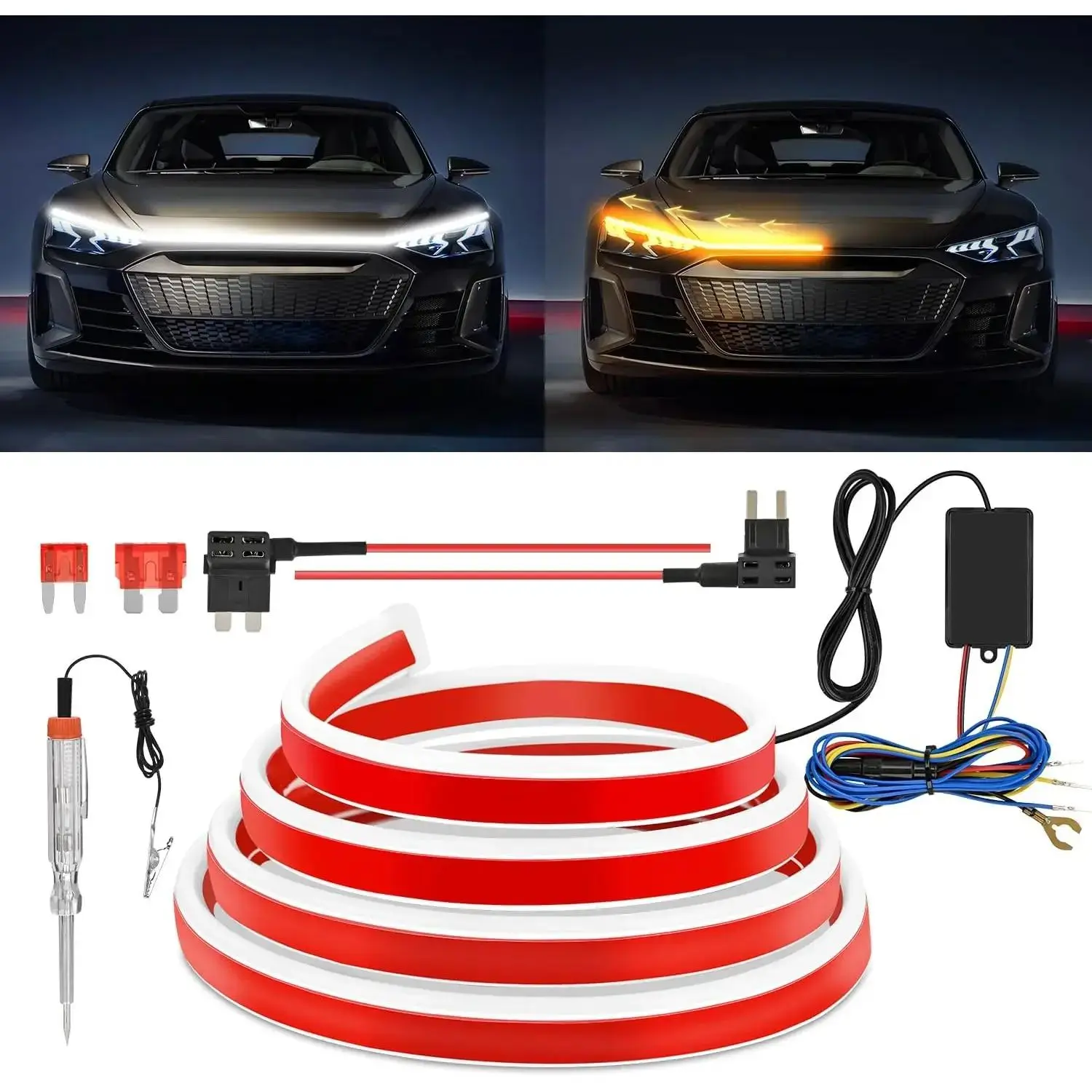 79-Inch LED Hood Strip, White Dynamic Startup DRL Sequential Amber Turn Signal, Waterproof for Cars, SUVs & Trucks