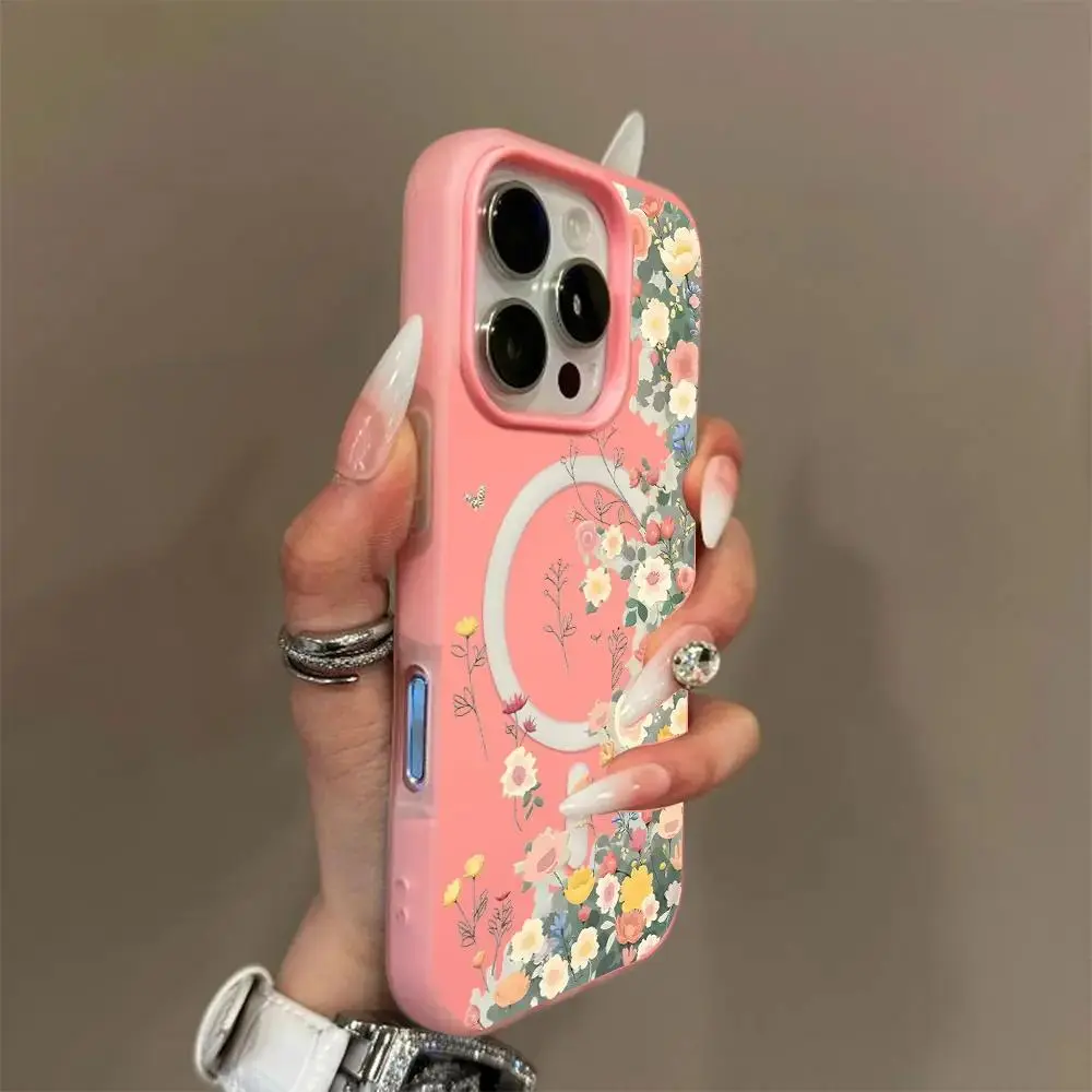 Candy color 2-in-1 floral magnetic phone case, military grade anti drop, supports Magsafe phone case, suitable for iPhone 17 Air 16 Pro Max 15 14 Plus 13 12 11 Samsung Galaxy S26 Ultra S25 Ultra S24 S23 S22 women's phone case. A196