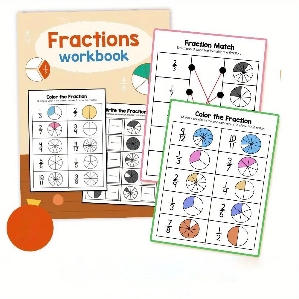 Fraction Practice Book for Kids, Educational Math Workbook, Writing and Drawing Fractions, Cognitive Training, Grades 3-4, Home Schooling Aid