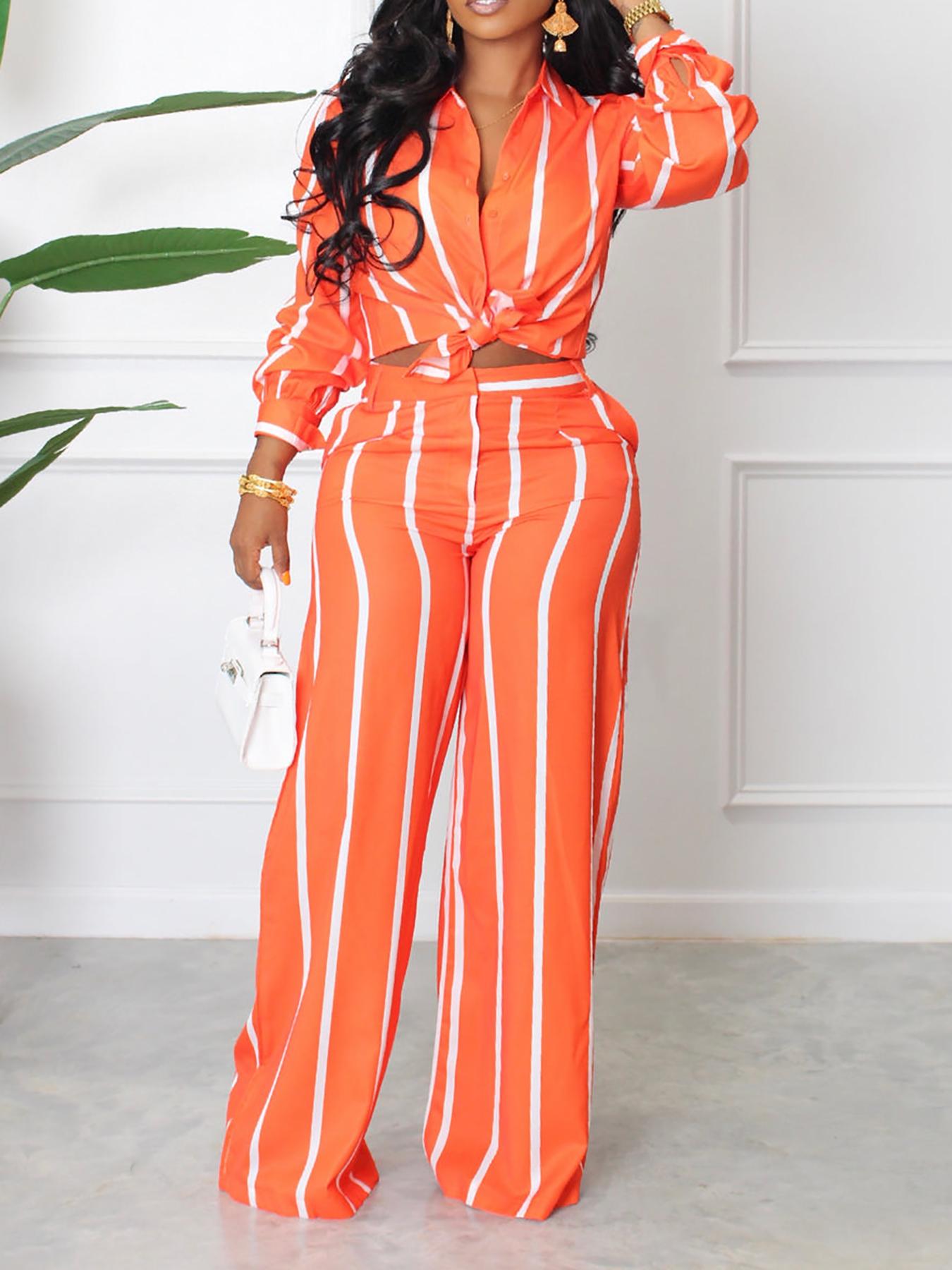 Women's Striped Print Button Front Shirt & Wide Leg Pants, Chic Elegant Casual Fitted Long Sleeve Collared Shirt & Trousers Set for Fall, Ladies Formal Clothes for Work Office Daily Wear, Two Piece Set Women, Casual Summer Set, Suits, Casual Fashion Set