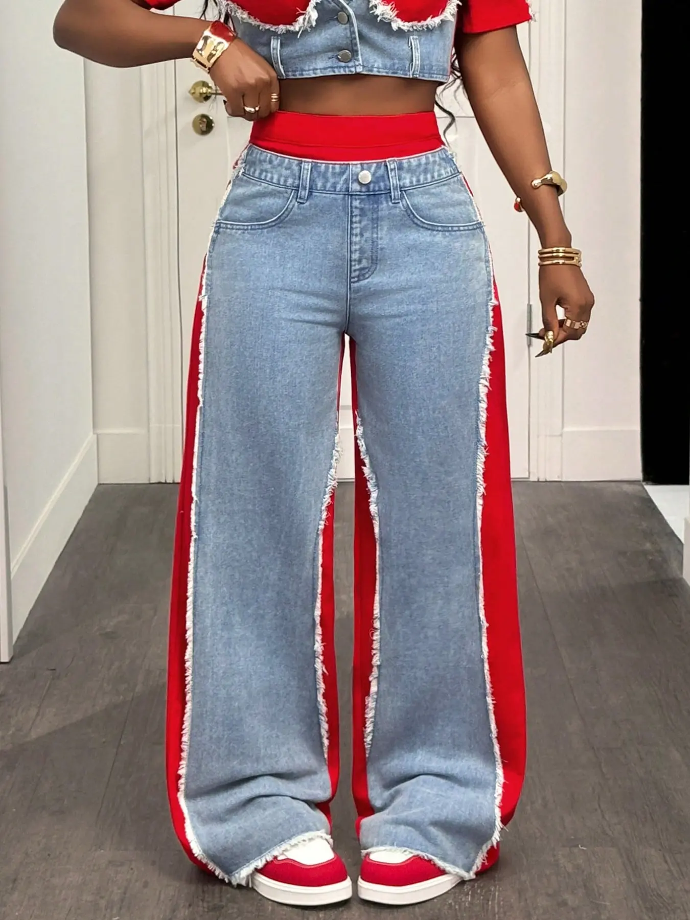 Women's High-Waisted Colorblock Side Wide Leg Baggy Jeans, Frayed Edge Patchwork Flare Denim Jeans, Stylish and Comfortable