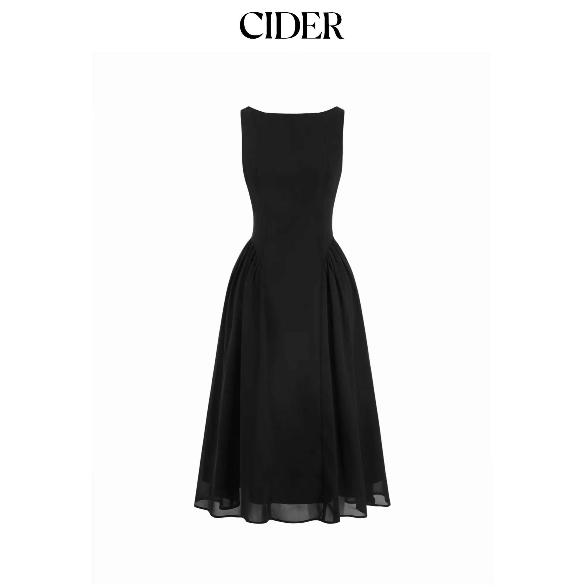 Cider Chiffon Boat Neck Draped A-line Midi Dress