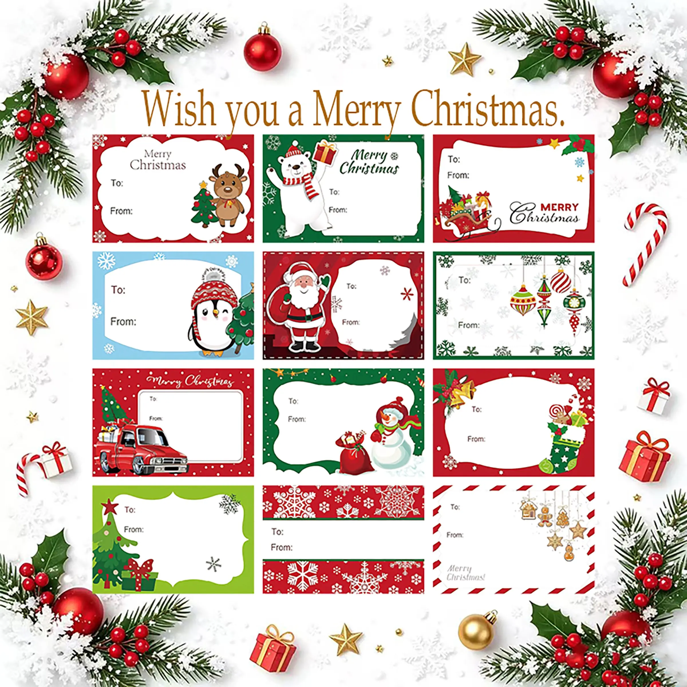 120pcs Christmas Gift Tags, 12 Large Designs, Paper Material, 1.96x2.96 Inch, Classic Holiday Style, Perfect for Festive Gifts