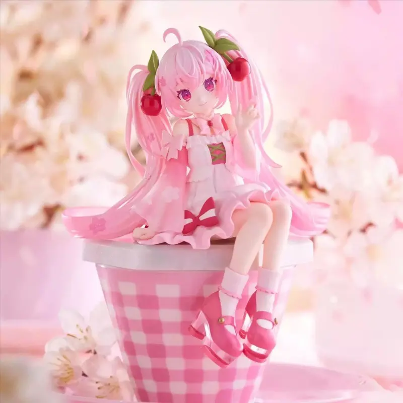 14cm Pink Gradient Twin Ponytail Anime Girl PVC Figure Cherry Hair Ornament Transparent Sakura Print Camisole Skirt Cross-Legged Sitting Cute Kawaii Hand Painted Collectible Statue Desk Decor Gift For Teen Girls Anime Themed Birthday Christmas Party Favor