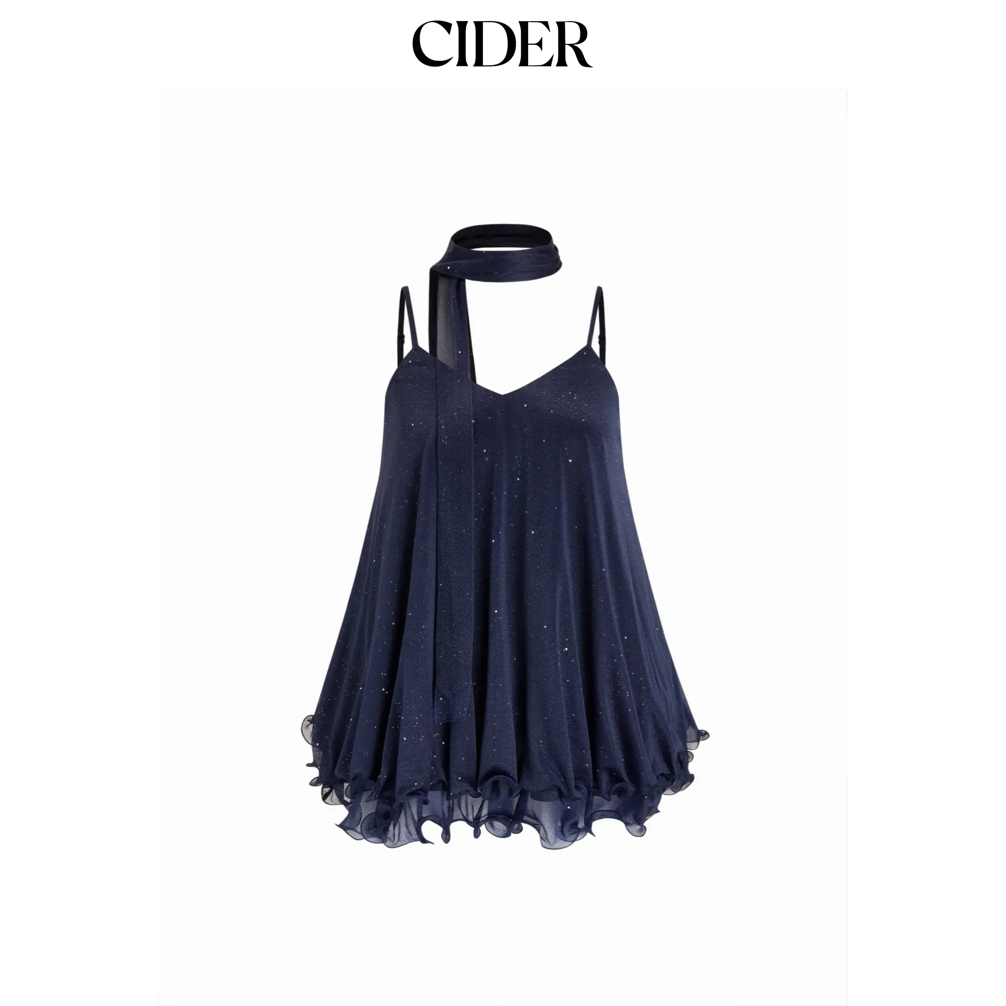 Cider Sequin V-Neck Halter Ruffled Hem Oversized Mini Dress With Scarf SohoChic