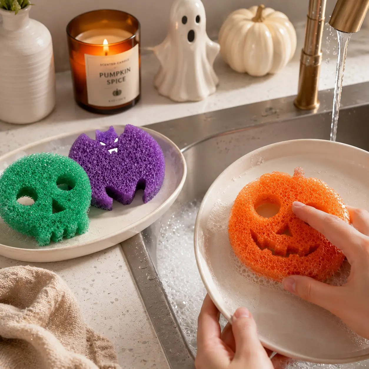 Halloween Dish Sponge Set 3 Pack, Double-Sided Kitchen Scrub Sponges for Dishes & Nonstick Cookware, Reusable Heavy Duty Cleaning Sponge, Cute Pumpkin Skull Bat Design