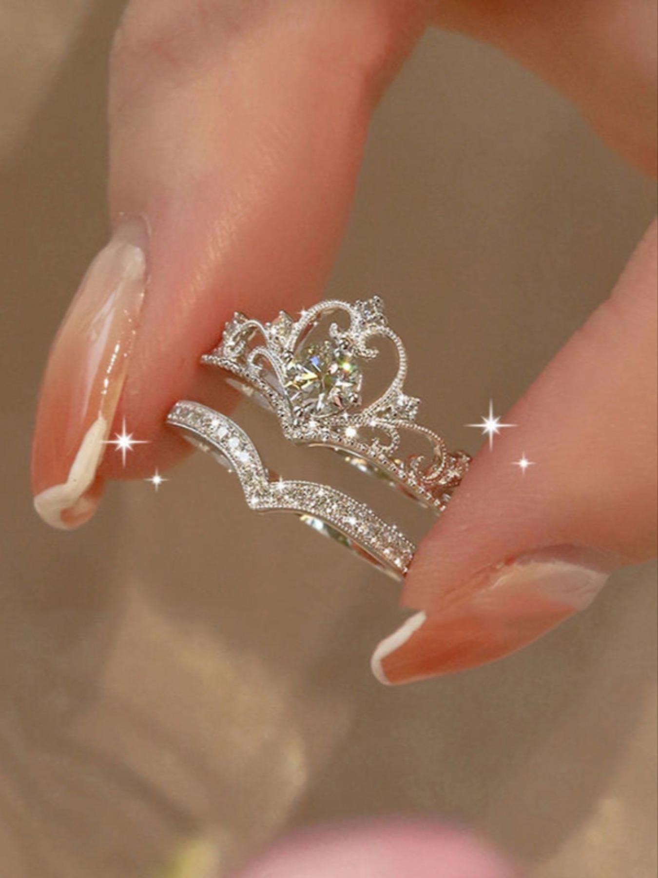 Proposal 2pcs/set Minimalist Elegant Plain Rhinestone Decor Crown Design Engagement Rings, Wedding Rings, Fashion Wishbone Ring Matching Rings Accessories for Women & Girls, Valentine's Day, Gift