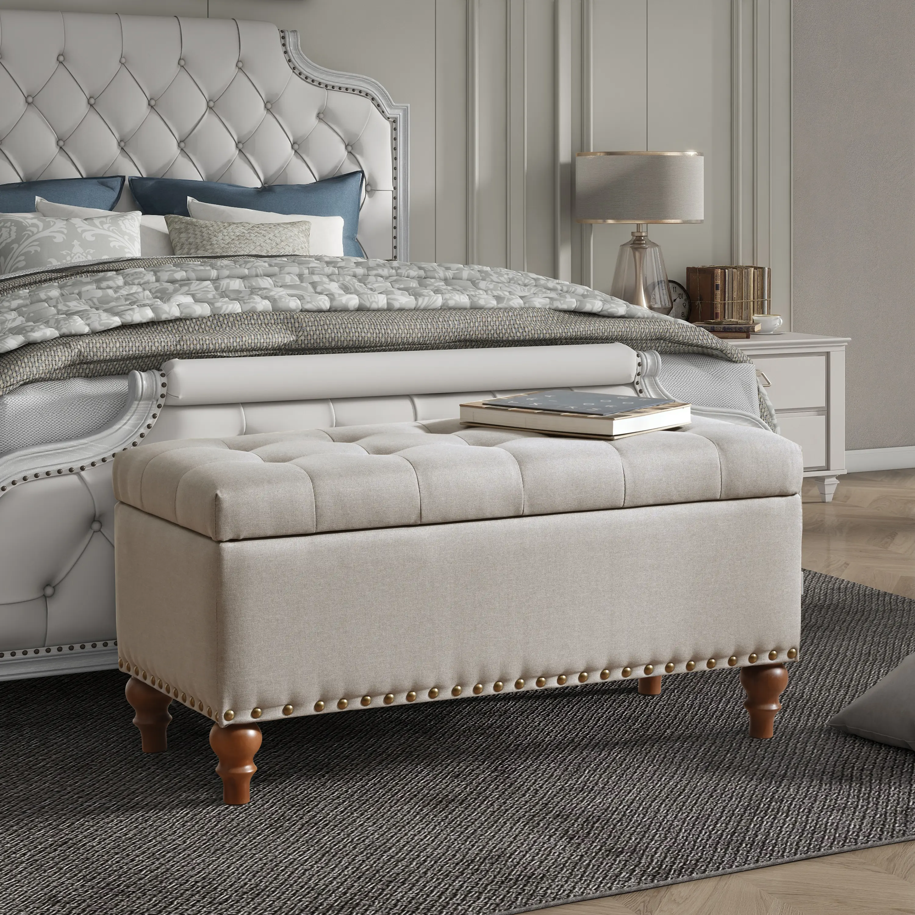 Retro Rectangular ARCH Ottoman Storage Bench - Linen Upholstered Footstool with Hidden Compartment, Recessed Hinge Top, Rivet Trim, Wood Frame, 36.6"w x 16.9"x17.7" Beige, for Living Room Entryway, Easy Assembly, sohochic