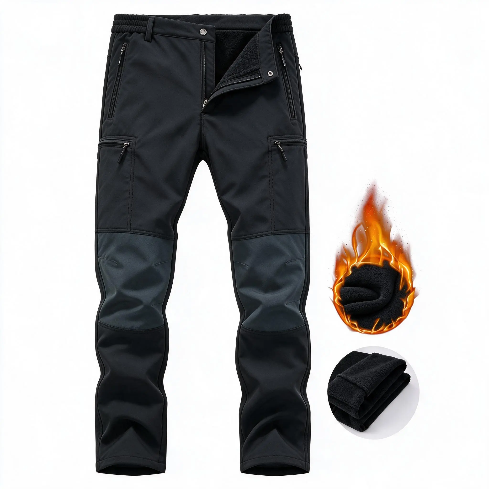 Men's Winter Fleece Lined Tactical Cargo Pants, Warm Hiking Trousers, Water Resistant Softshell Work Pants with Pockets for Outdoor Work Wear