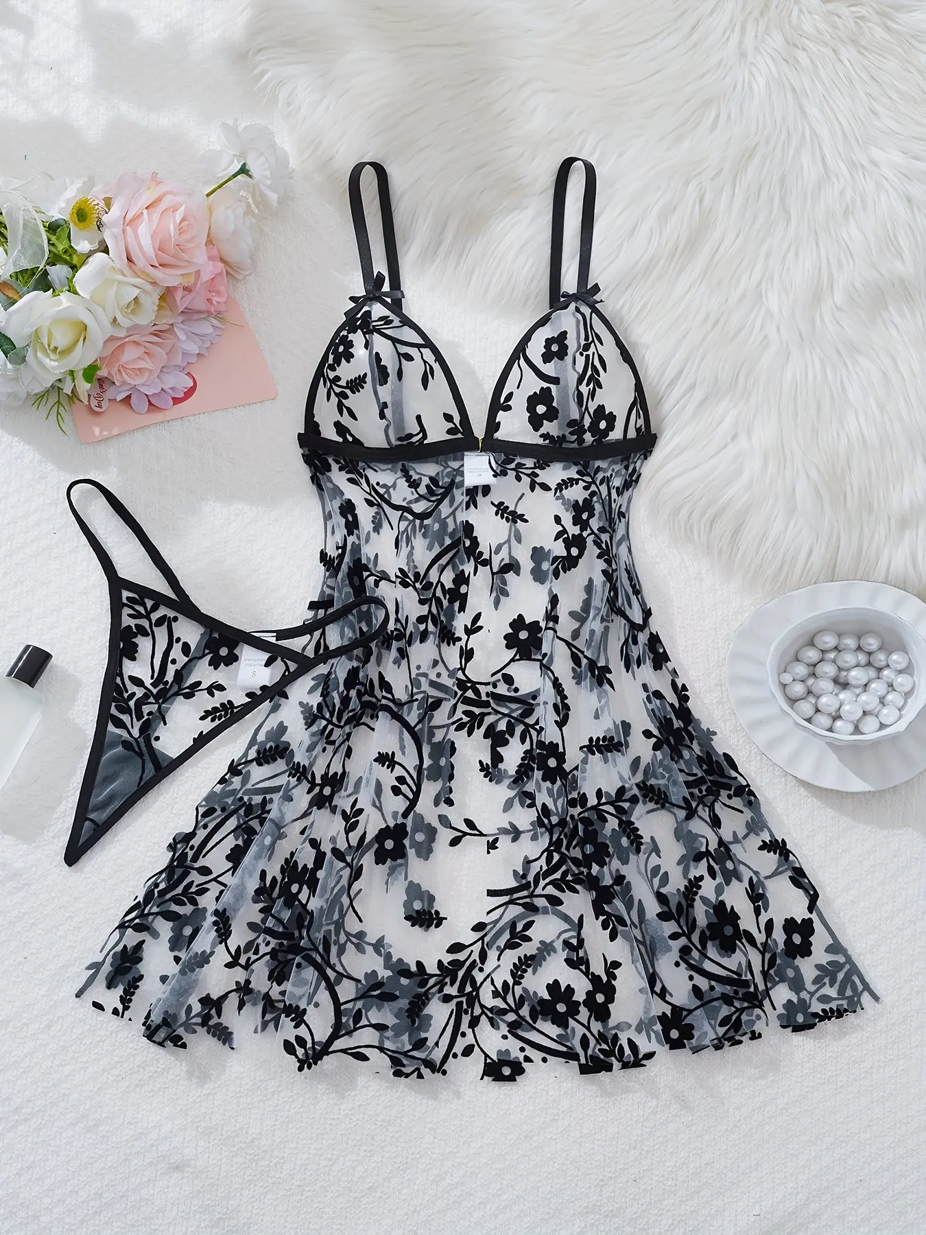Women's Mesh Dress and Panties Set, Sheer Design Floral Embroidery Pattern, Strappy Lingerie, Perfect for Adults, Ideal for Dates, Valentine's Day, Night Out, Parties