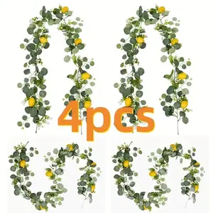 4 Artificial Lemon Wreaths with Eucalyptus Leaves, Realistic Plastic Hanging Vines, Home Wall Fireplace Table Wedding Farmhouse Decor
