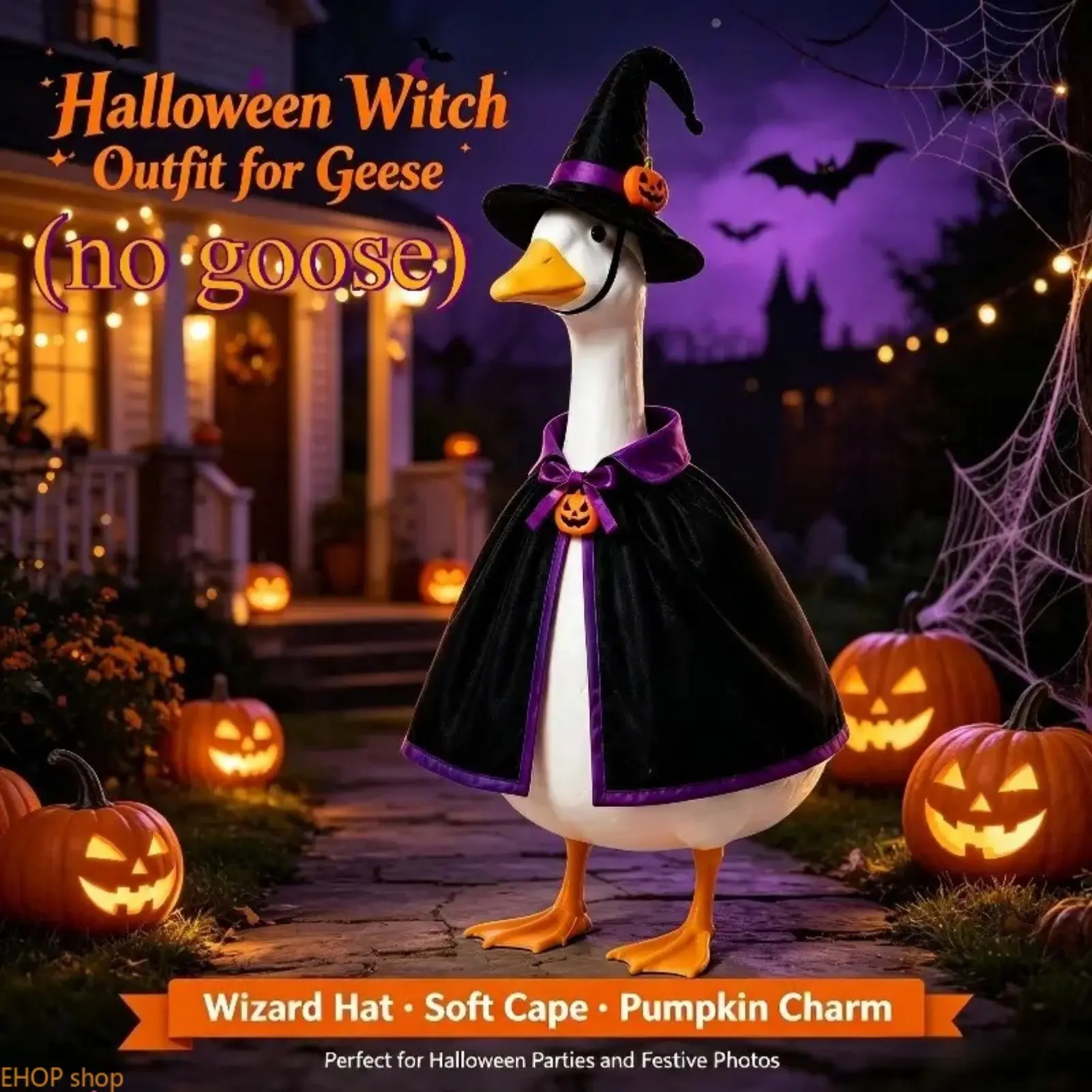 Lawn Goose Halloween Wizard Cape Costume Set Pumpkin Bow Printed Cloak Wizard Hat Adjustable Hook & Loop Decor Outfit For 23in Yard Goose Statue Front Porch Garden Holiday Gift