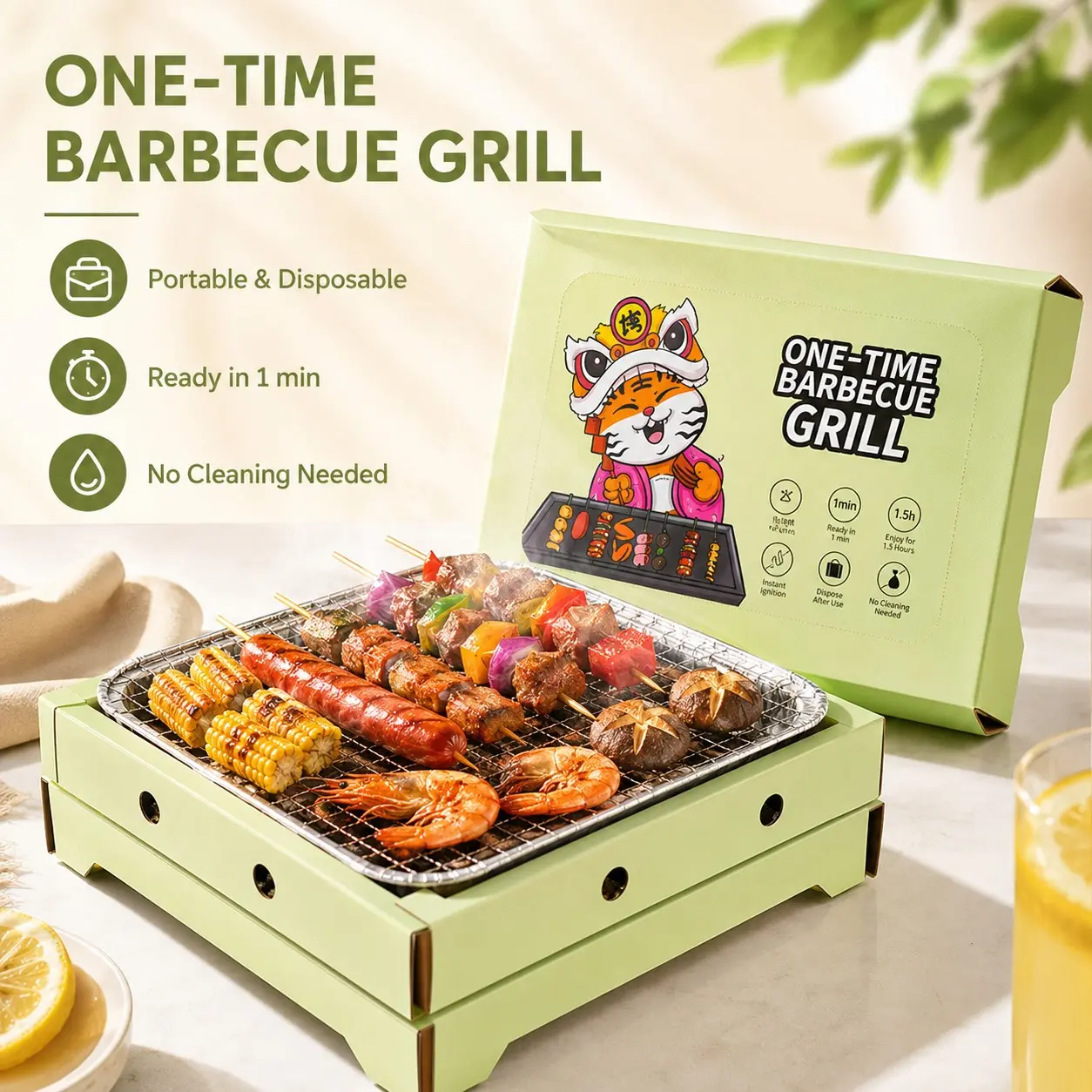 Disposable BBQ Grill, Smoke-Free Charcoal Grill, Portable Barbecue Camping Wood Charcoal Rack, Outdoor Seafood Meat Grill, Family Use