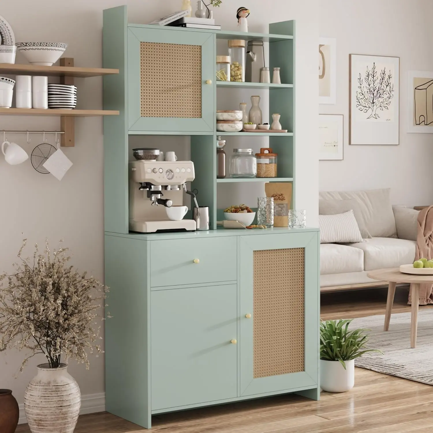 Spacious 71" Tall Water-Washed Green Kitchen Pantry Cabinet with Adjustable Shelf & Microwave Stand - Ample Storage for Dining or Living Room