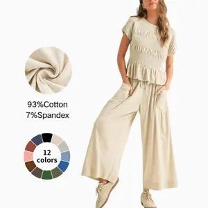 Womens 2 Piece Smocked Top and Wide Leg Pants Sets High Waisted Lounge Outfit with Pockets Casual Boho Matching Set Summer Vacation Beach Outfit for Women