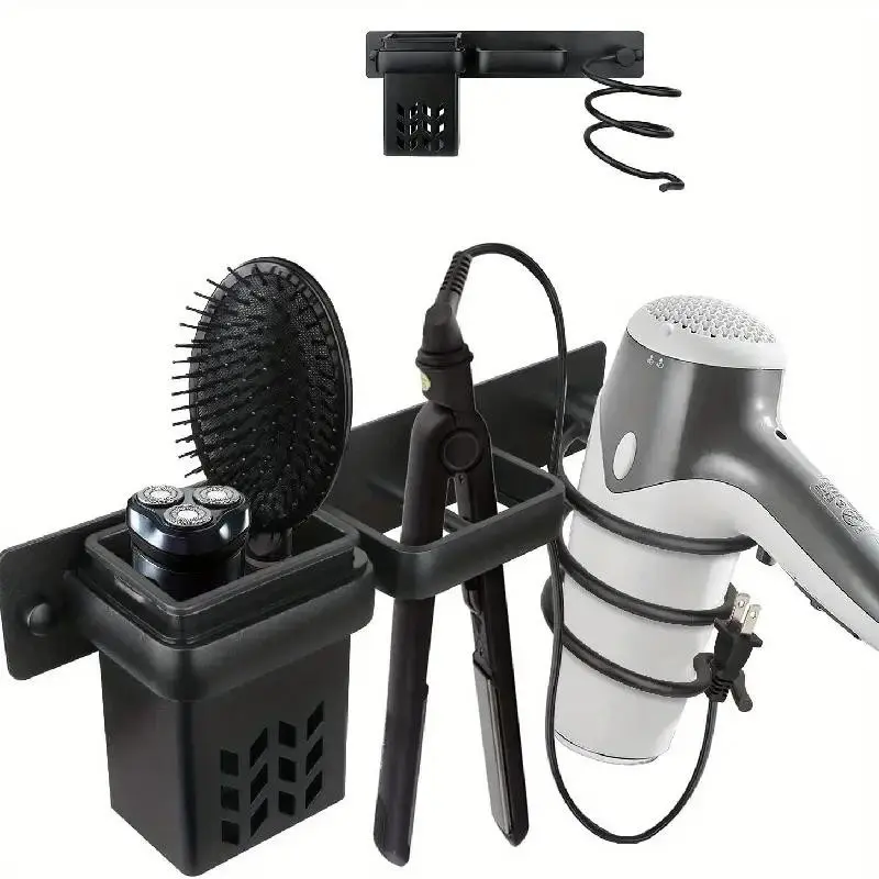 Wall Mounted Bathroom Organizer, Multi-Functional Hair Dryer & Straightener Holder, Combs, Brushes, Mesh Pouch Storage, Bathroom Accessories