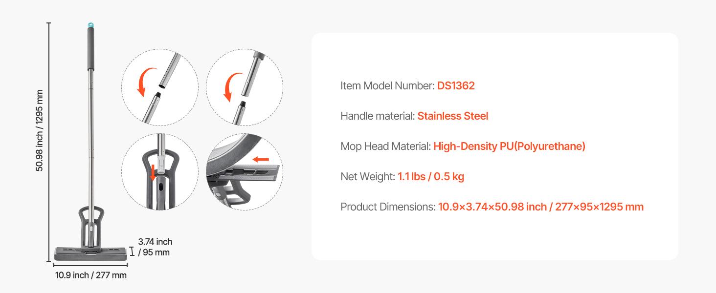 VEVOR Sponge Mop, High-Density PU Sponge Mop with 1 Pcs Sponge Mop Replacement, Easy to Squeeze Sponge Mop with Hook & Loop for Head Change, Fit for Various Floors’ Cleaning