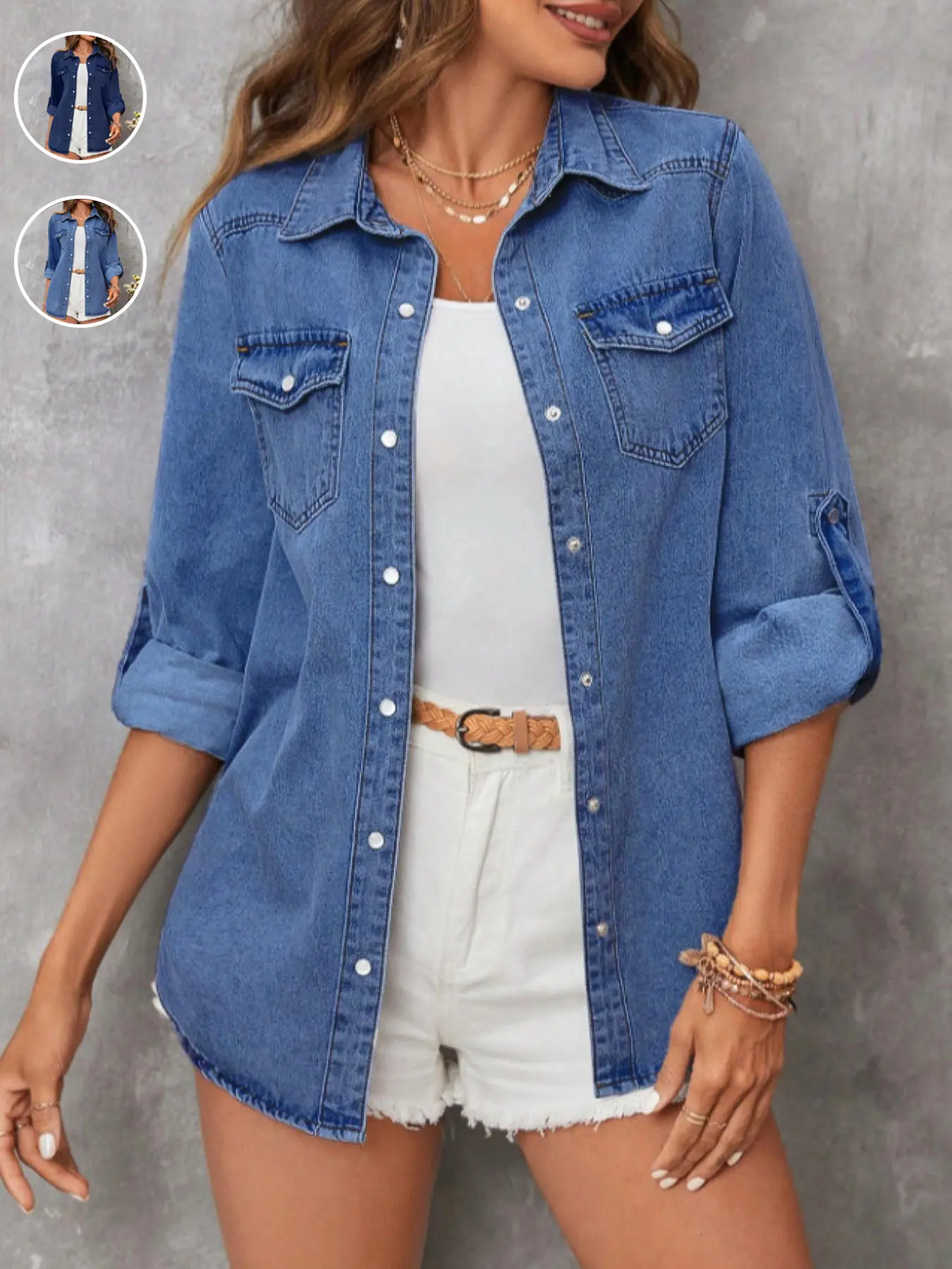 Women's Casual Button Front Collared Long Sleeve Denim Blouse, Summer Loose Fit Plain Design, All-Season Wear, Comfortable Denim Shirt for Everyday Use