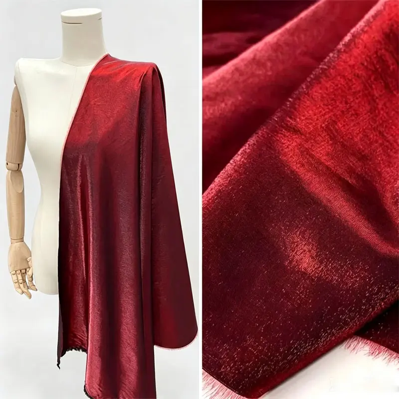 Wine Red Shiny Satin Fabric, Metallic Lustre Silky Smooth Cloth for Evening Gowns, Wedding Dresses, DIY Sewing Party Decorations