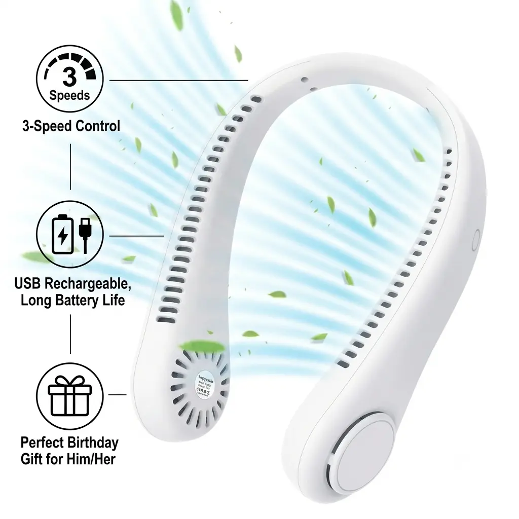 Portable Neck Fan, Hands Free Bladeless Fan, 3 Speeds, Battery Operated Wearable Cooling Personal Fan, USB Rechargeable Fan for Outdoor Indoor, Portable Cordless Fan, Birthday Gifts for Men Women Mom Dad # GLOBAL PICKS car