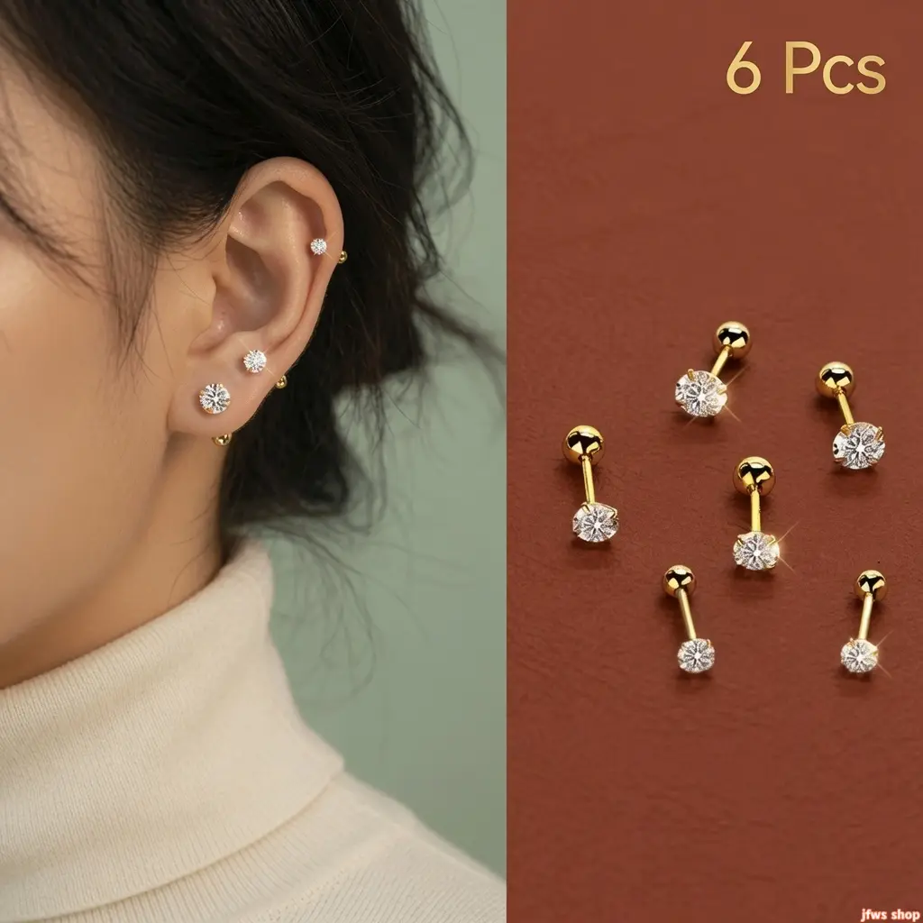 2026 New 3 Pair Zirconia Screw Stud Earrings for Women Sleep-Friendly Hypoallergenic Spiral Cartilage Piercing Jewelry Lightweight Comfortable Secure Fit Minimalist Elegant Daily Wear Fashion Gift for Birthday Party US Design Ear Accessories