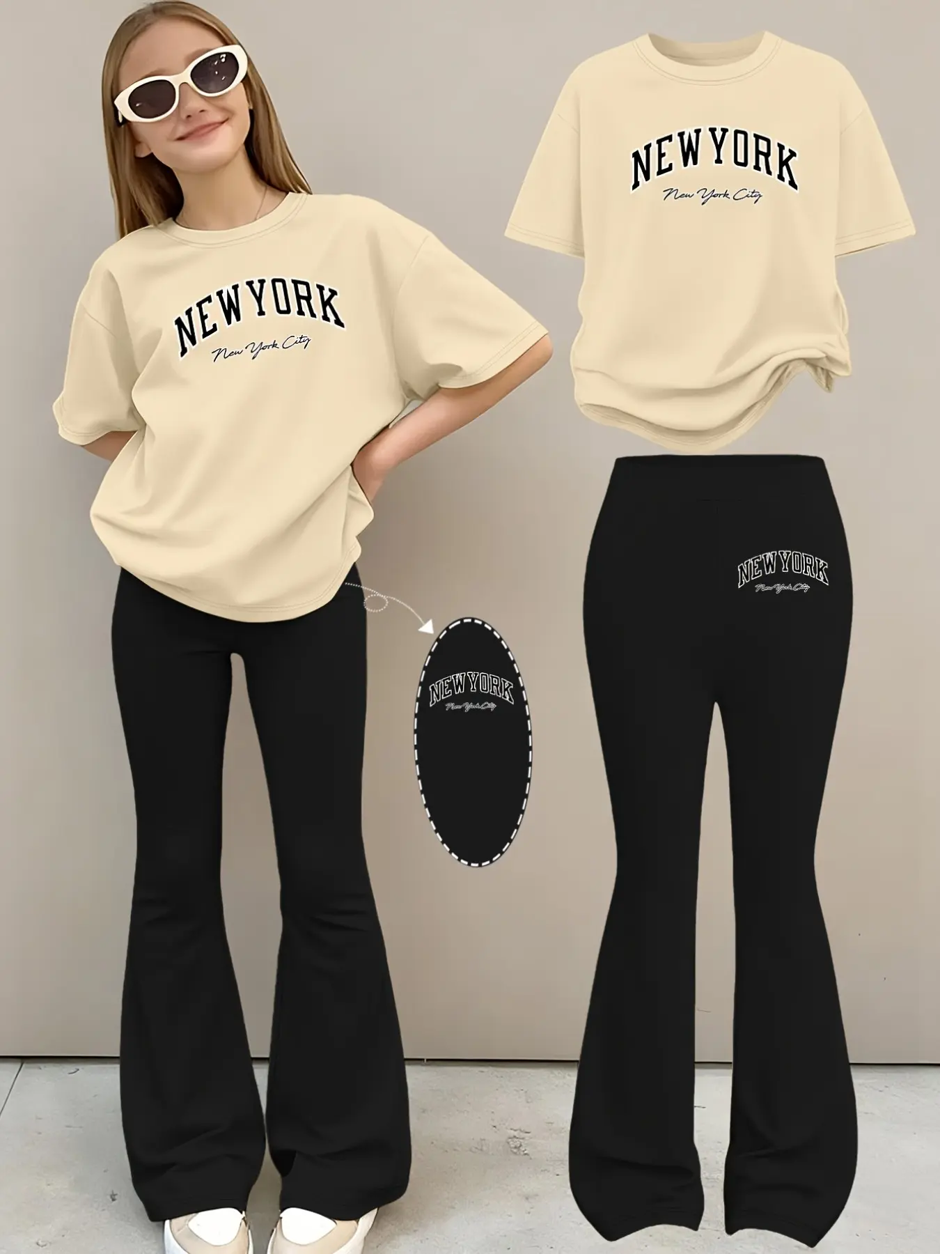 Classic vintage y2k girl stretch breathable monochrome text slogan round neck short top and bell bottom trousers matching set for young girls ideal for birthday party mall outing dance class picnic trending kids casual summer streetwear fashion inspo