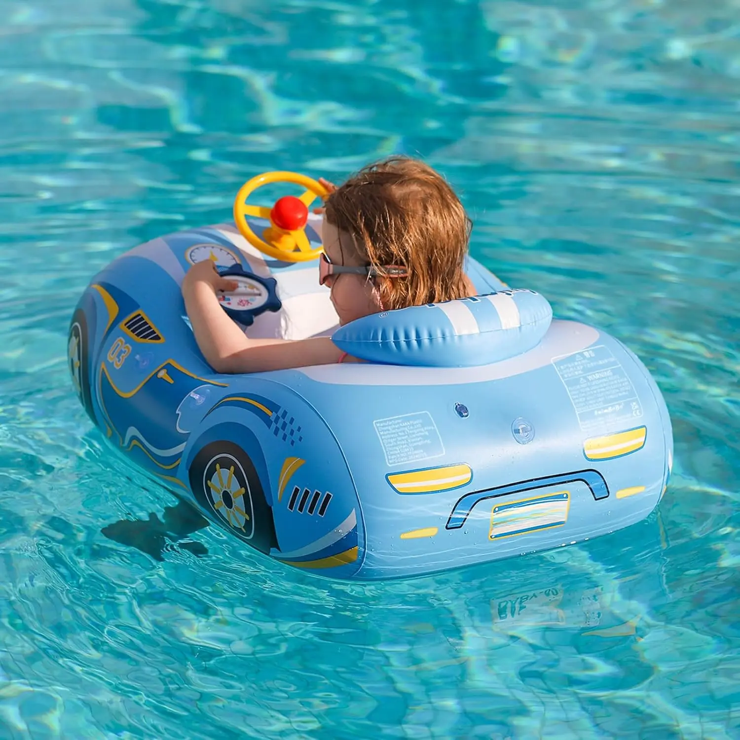 Heavy-Duty PVC Inflatable Ride-on Car Pool Float with Safety Seat, Toddler Sitting Pool Boat, Summer Outdoor Beach & Swimming Pool Toys for Kids