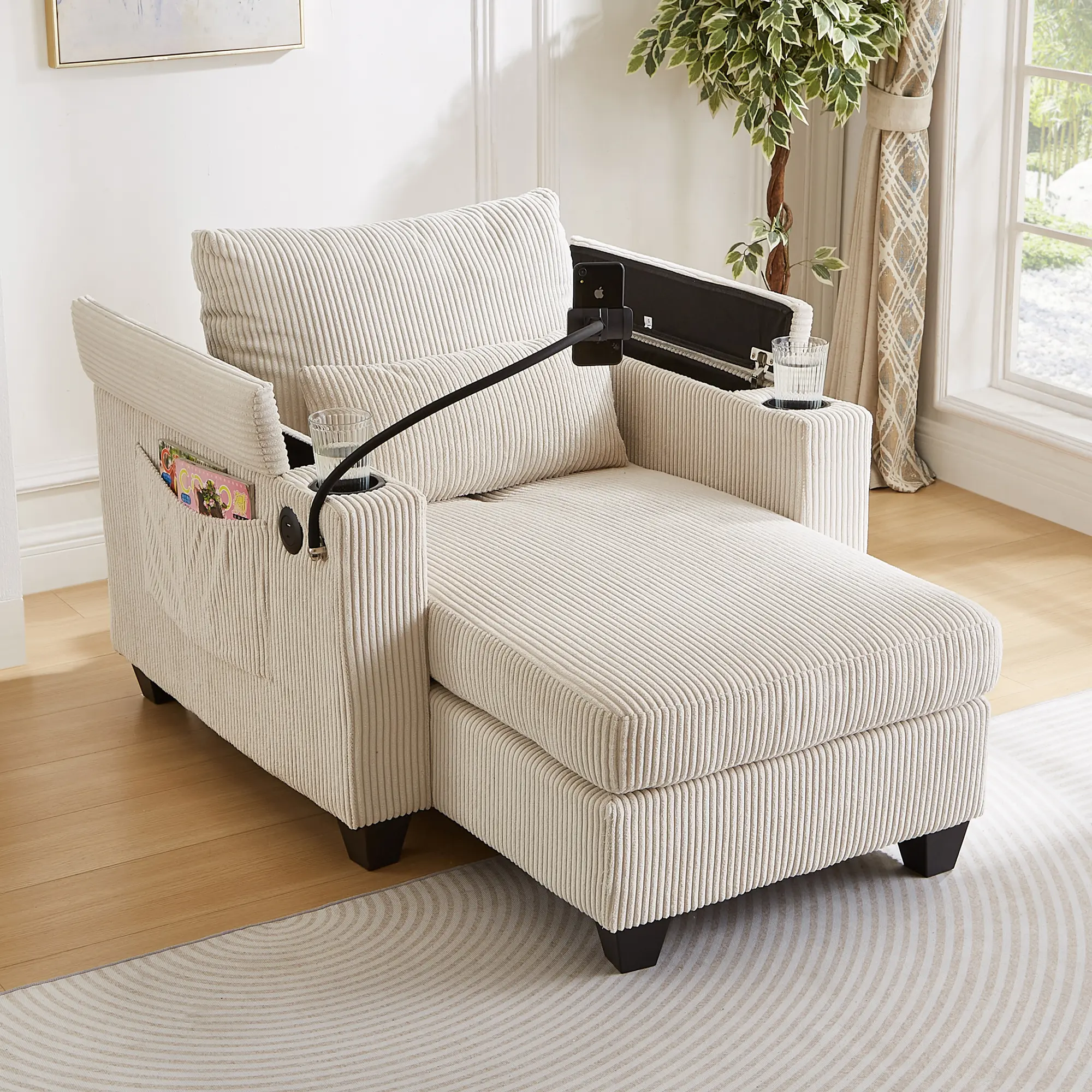 ARCH Convertible Chaise Lounge 37.4" Sofa Chair Sofa Bed Corduroy Sleeper Sofa with USB Ports Cup Holders Phone Holder Storage for Living Room Bedroom Beige, Living Room Furniture for Apartment, Lounge, Family Room, Office and Home Seating