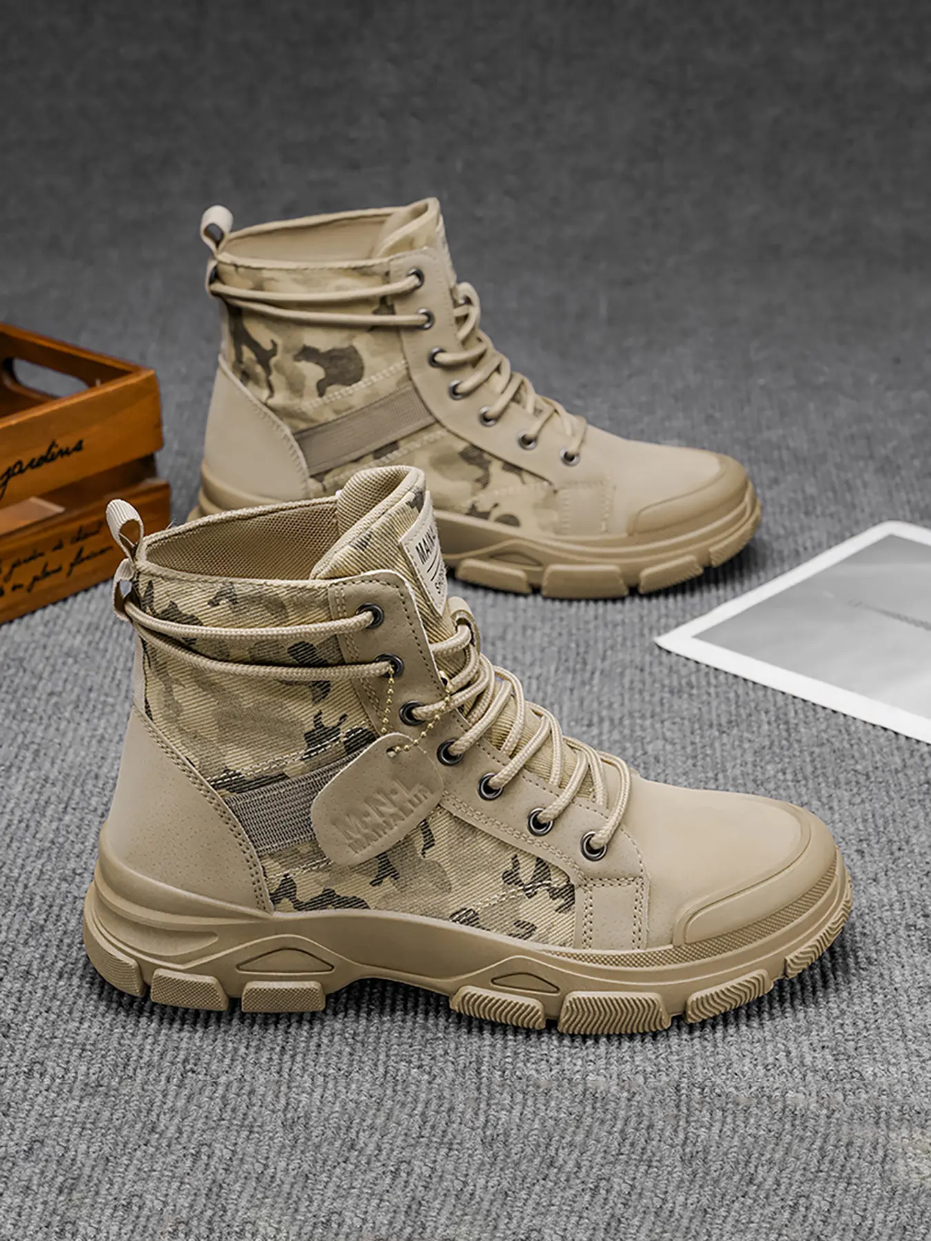 Men's Camo Tactical Boots, Fashion Casual Style, Solid Lace-Up Short Boot, Casual Hiking Footwear, Hiking & Daily Wear, Spring/autumn Use, Round Toe Design