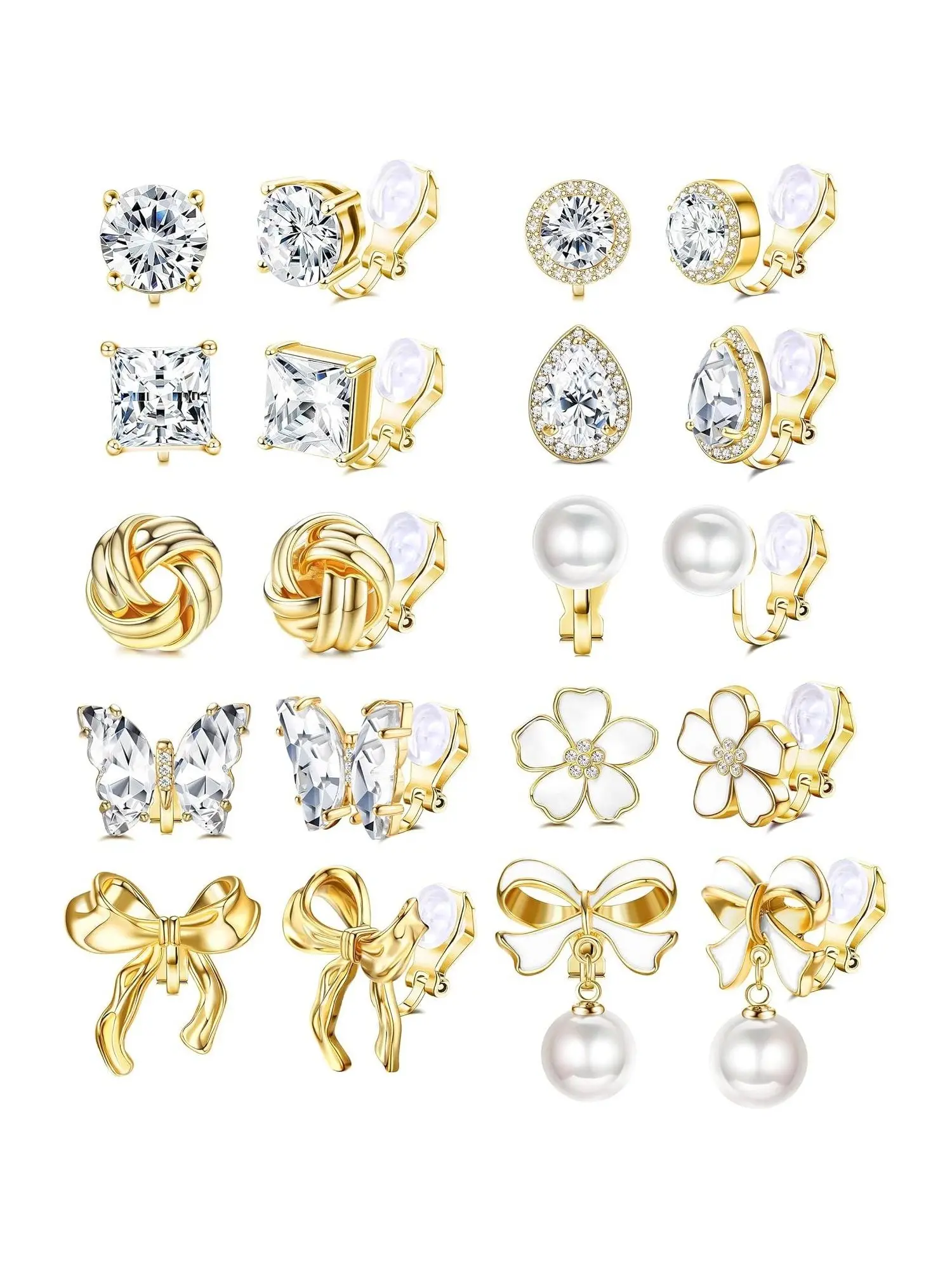 10 Pairs Elegant Clip on Earrings Set for Women Girls 14K Gold Plated Cubic Zirconia Dangle Ear Clips Imitation Pearl Bow Flower Butterfly No Piercing Earrings Jewelry Gifts Summerwins