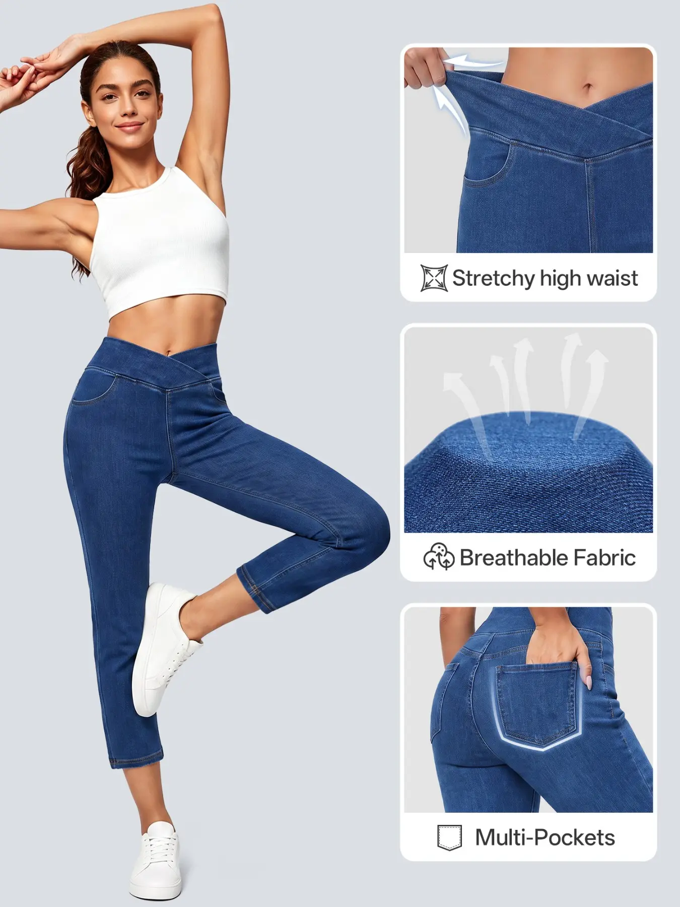 Women's Knitted Denim Slim Fit Elegant Mid Waist Stretch Waistband Jeans, Daily Commute Date Night Versatile, All Seasons