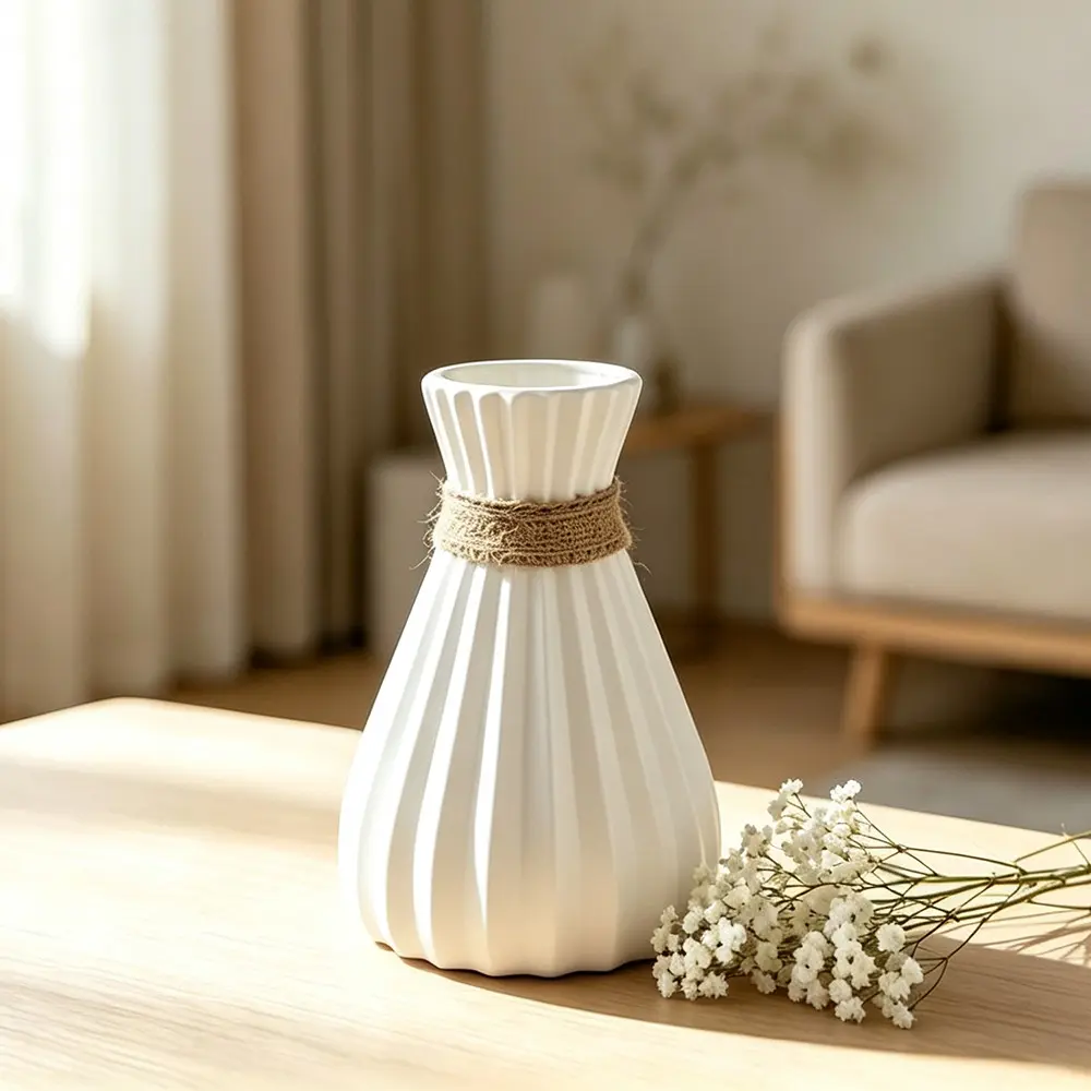 Nordic Style Vertical Texture Rope Plastic Vase, Minimalist Cream Desktop Dried Flower Vase, Waterproof Durable Home Decor Gift