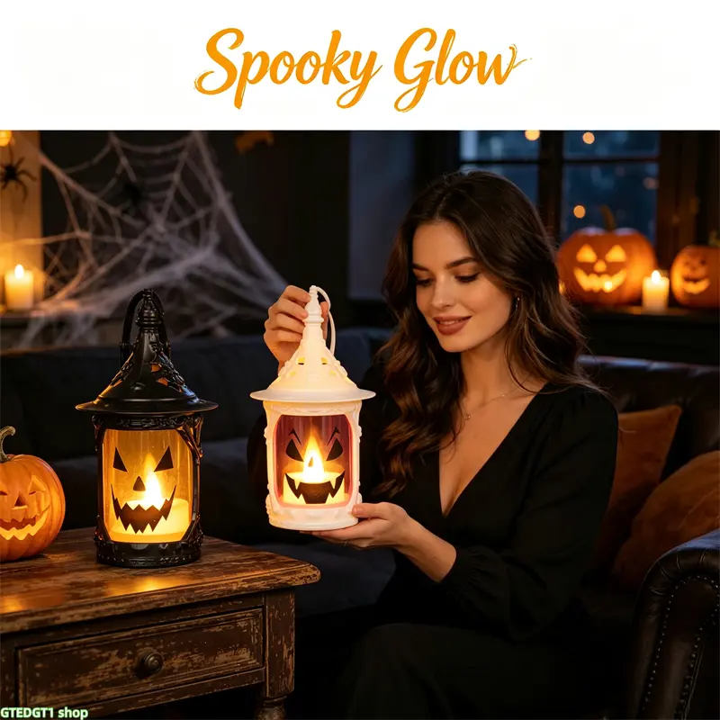 Halloween Mini LED Lantern, Jack O Lantern Flameless Candle Lamp, Vintage Hanging Battery Powered Night Light, Portable Spooky Table Ornament For Indoor Party And Yard Holiday Decoration homedecor