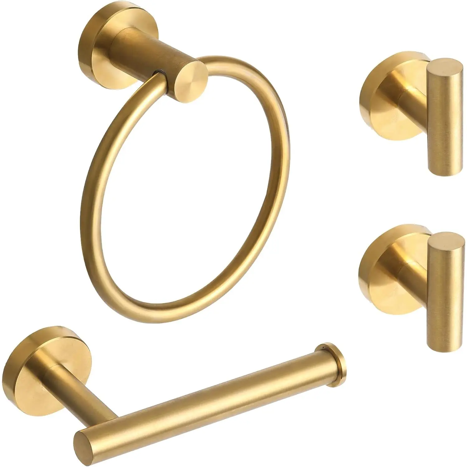 Pet-Friendly Modern 4-Piece Brushed Gold Stainless Steel Wall-Mounted Bathroom Hardware Kit - Easy Mounting, Anti-Rust, Water-Resistant, Round Shape, Resists Scratches, Hidden Screws, 1 Towel Ring, 1 Toilet Paper Holder, 2 Robe Hooks, Mounting Easy