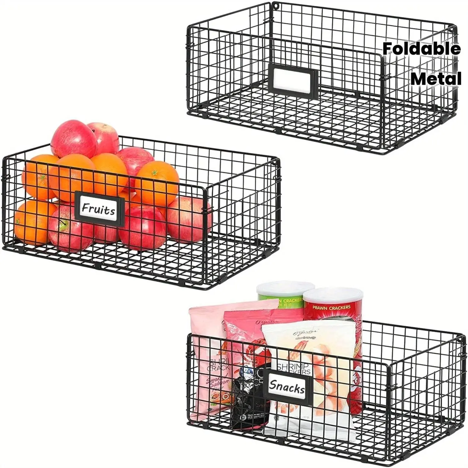 X-cosrack 3-Pack Foldable Metal Wire Mesh Bin Organizer with Handles, Wall Mount, Labeling Nameplates & Modern Design - 16"x9.5"x6" Space-Saving Storage Bins for Kitchen/Bath, Closet - Built-In Handles
