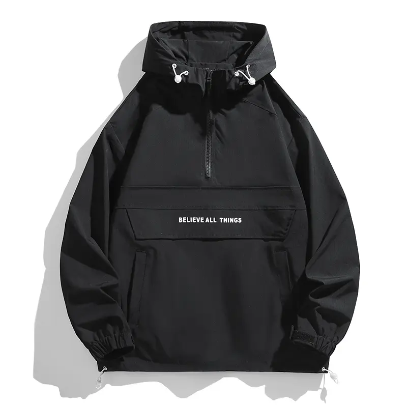 Men's Gorpcore Windbreaker Jacket, Long Sleeve Letter Print Polyester Pullover with Half-Zip Hood for Outdoors Hiking, Menswear, Loose, Hiking / Light Outdoor, Windproof, Baggy wind resistant