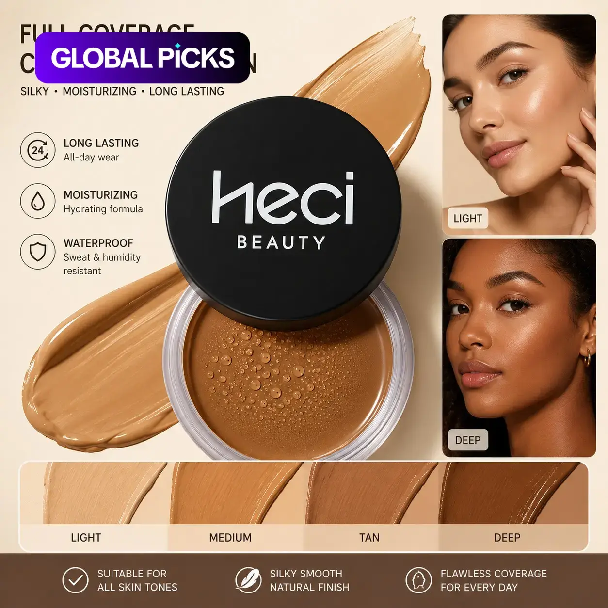 Full Coverage Cream Foundation, Long Lasting Waterproof Face Makeup, Smooth Moisturizing Base Makeup for Women & Girls, Balm Form