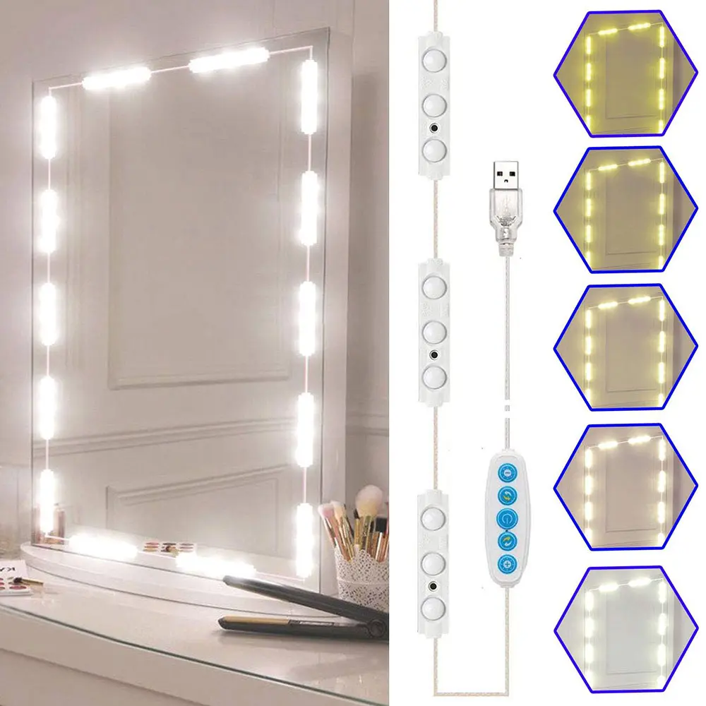 LED Backlit Makeup Mirror Light, Adjustable Hollywood Style Lighting, USB Powered 5v, Five Color Modes, Ideal for Bathroom Vanity Use