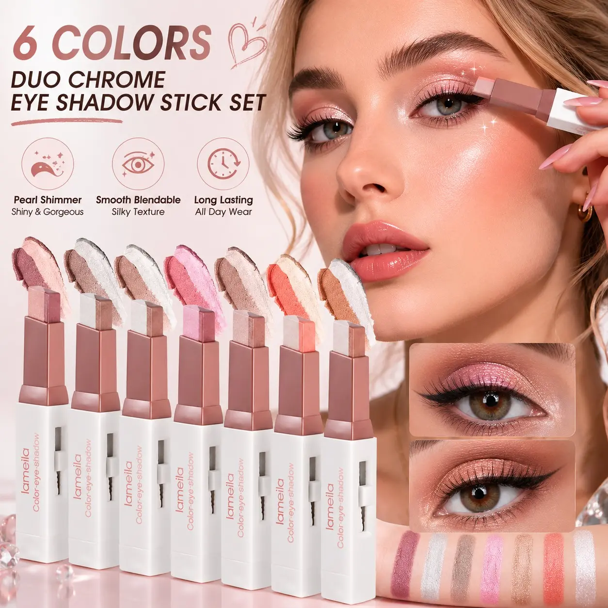 6Pcs Twist Dual Color Creamy Eyeshadow Sticks, Natural Gradient Smudge-Proof, Smooth Cream Texture, One Step Makeup, Beginner Lazy Eye Cosmetics