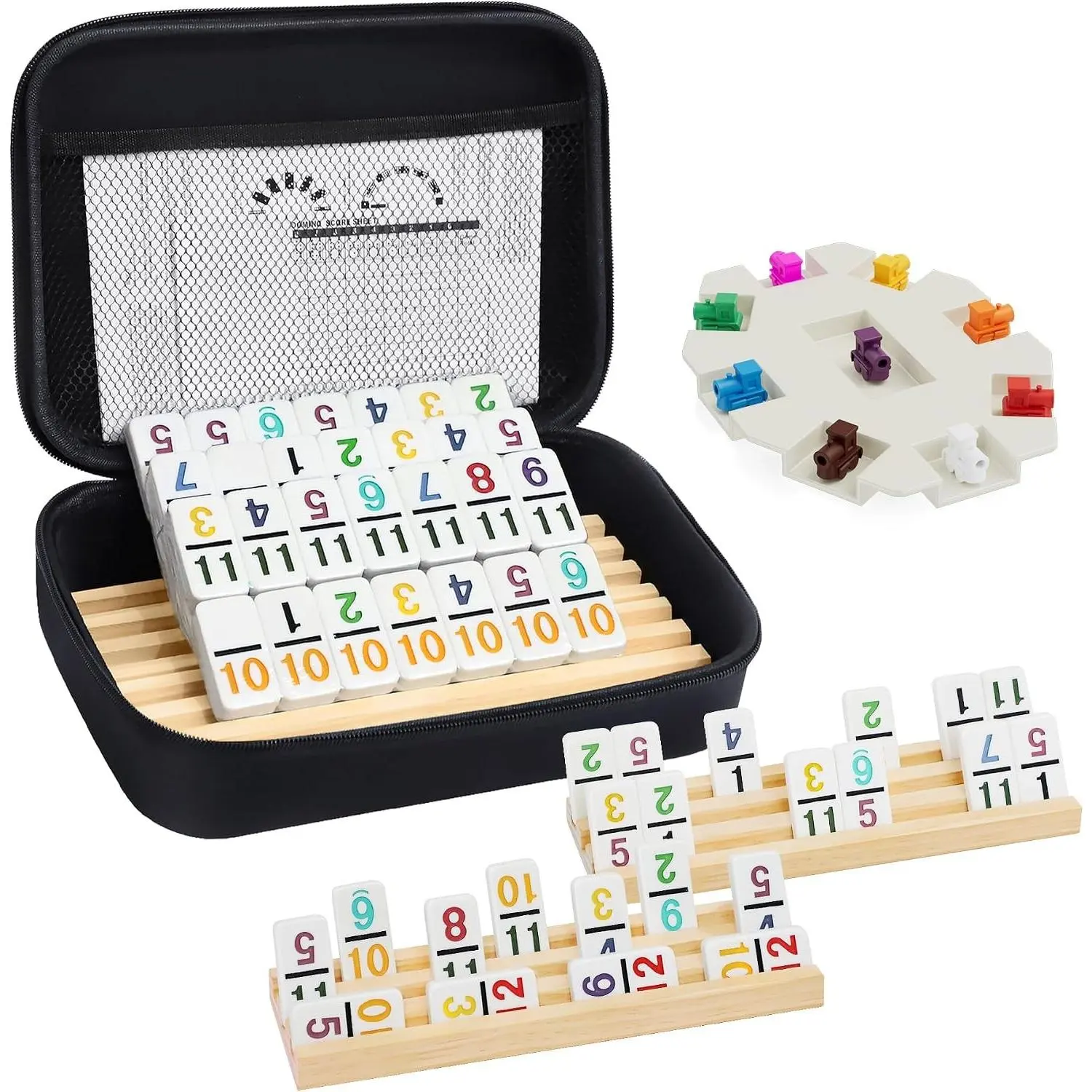 Mexican Train Dominoes Game Set - 91 Colored Numbered Tiles, 4 Wooden Trays, Tile Holders, Compact Portable Case, Family Play Classic Travel Game for Families