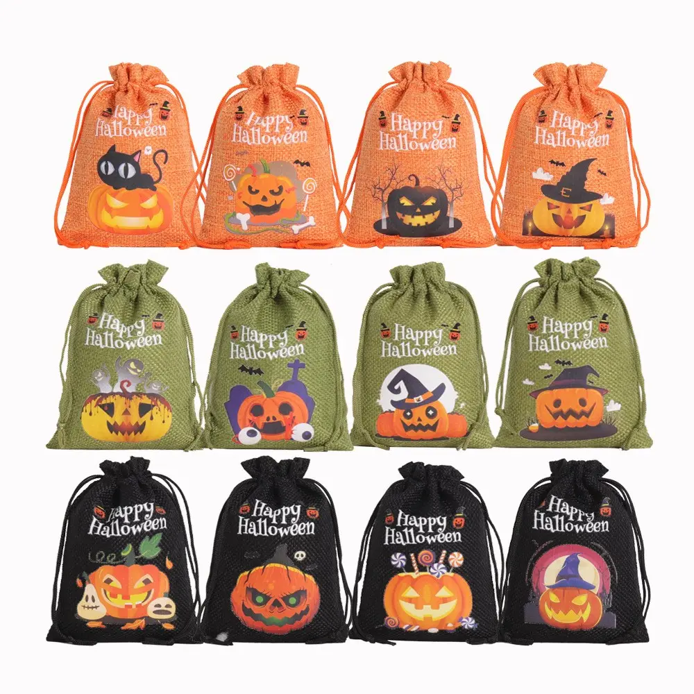 12pcs Halloween Gift Bags, Halloween Gift Wrapping Pouches, Linen Drawstring Gift Bags, Small Item Storage Bags, Trick or Treat Bags, Festival Pattern Design, Sturdy Drawstring, Cartoon Style, Linen Material, Perfect for Candy, Chocolate, Jewelry and Gift