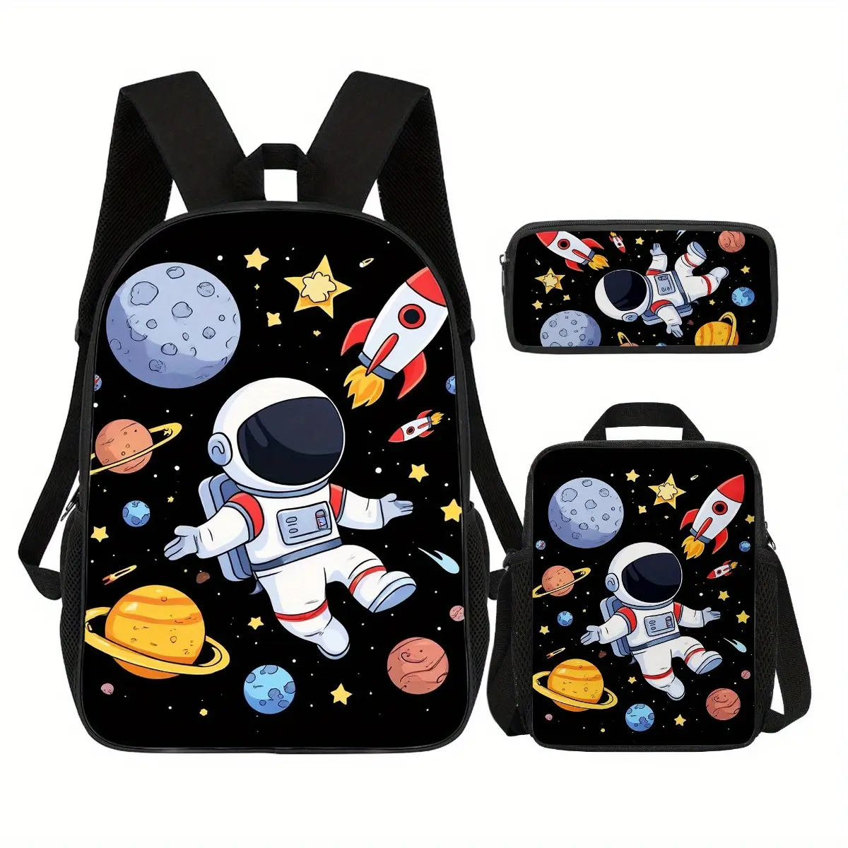 3Pcs Cartoon Astronaut & Space Print Large Capacity Backpack Combo, Durable 600D Oxford Cloth with Adjustable Straps, Insulated Food-Safe Liner Lunch Box, Pencil Case, Breathable Straps, 15in Laptop Fit for Kids School/Travel
