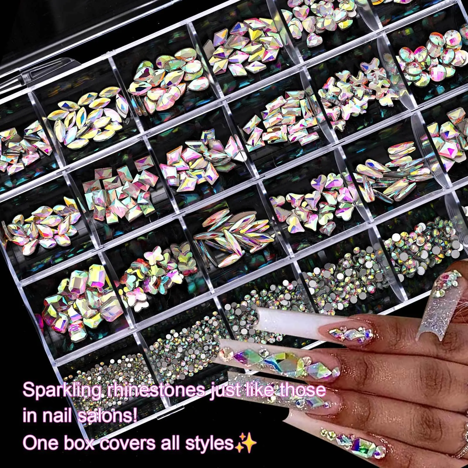 24-Grid Multi-Shaped 3D Flat Nail Rhinestone, Nail Gem Glass AB Crystal Jewelry Tools, Fingernail Charm Diamond, Used for Homemade Crafts, Facial, Clothing, Nail Craft Decoration, Nail Art Supplies, Nail Art Accessories, Nail Art Tools