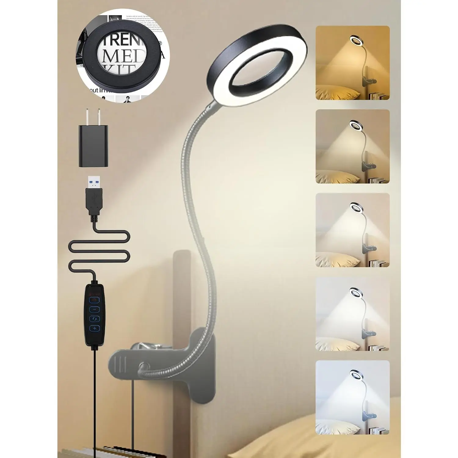 10X Magnifying Glass with Light,5 Colors+10 Brightness Reading Lamp,58 LED Magnifier with Light,750 Lumen Lighted Magnifying Glass for Reading,Clip on Lamp for Desk/Bed/Work/Nail [Adapter]
