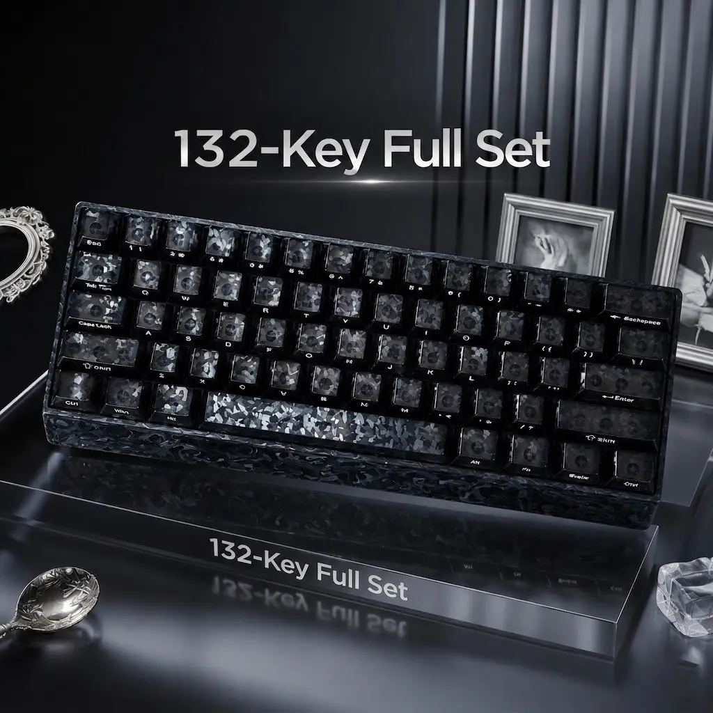 Carbon Fiber Key Caps, Transparent Design, 132 Keys, Keycap Set, Cherry Profile, Mechanical Keyboard, Top Side Print, Durable & Aesthetic